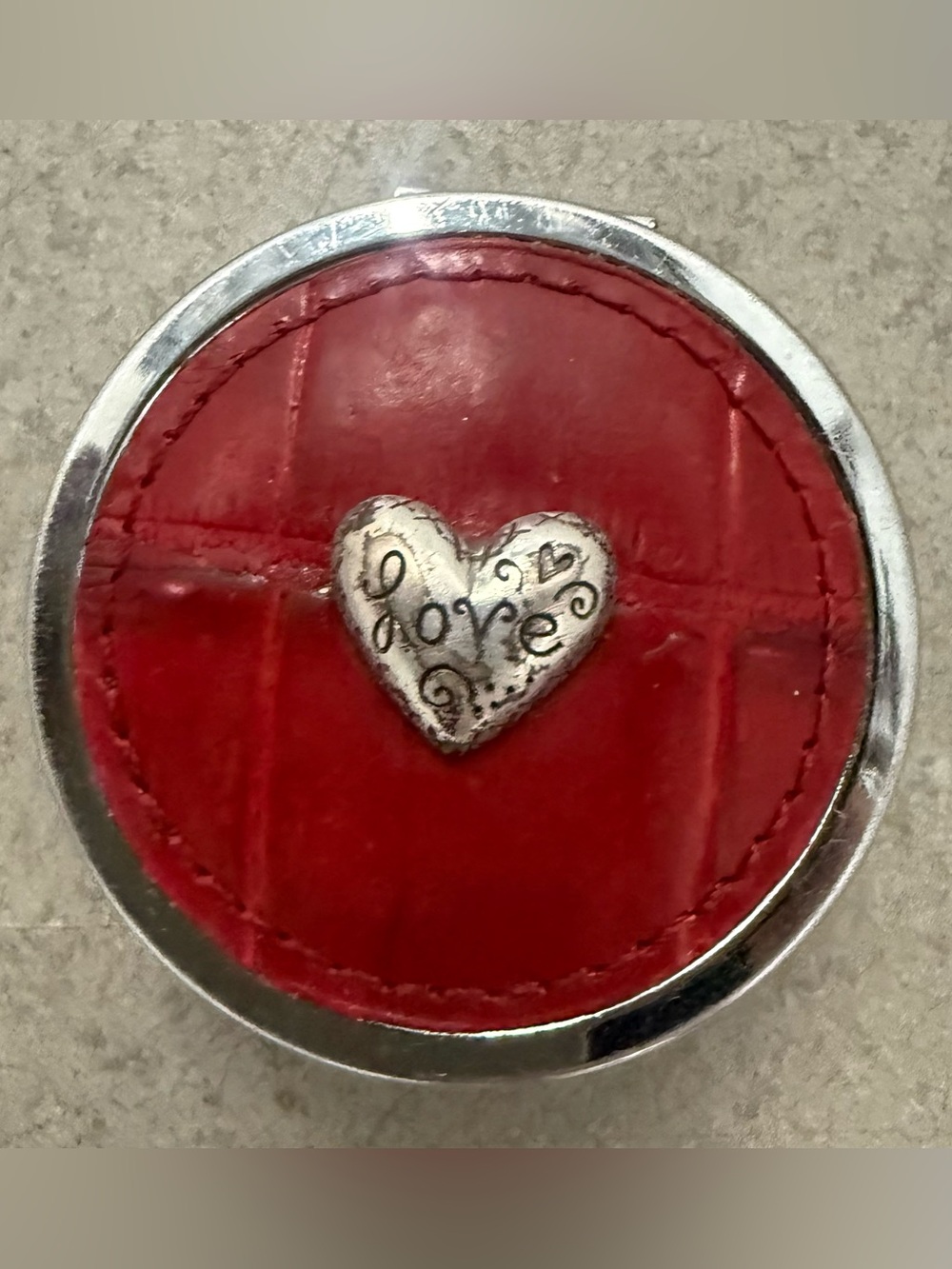 Brighton Pill Box - Silver plate with Faux red leather Crocodile and Heart .